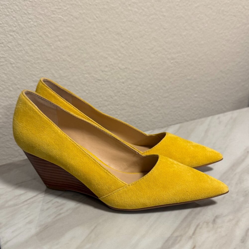 Franco Sarto Suede Wedge Wood Heel Pumps, size 6.5, Yellow